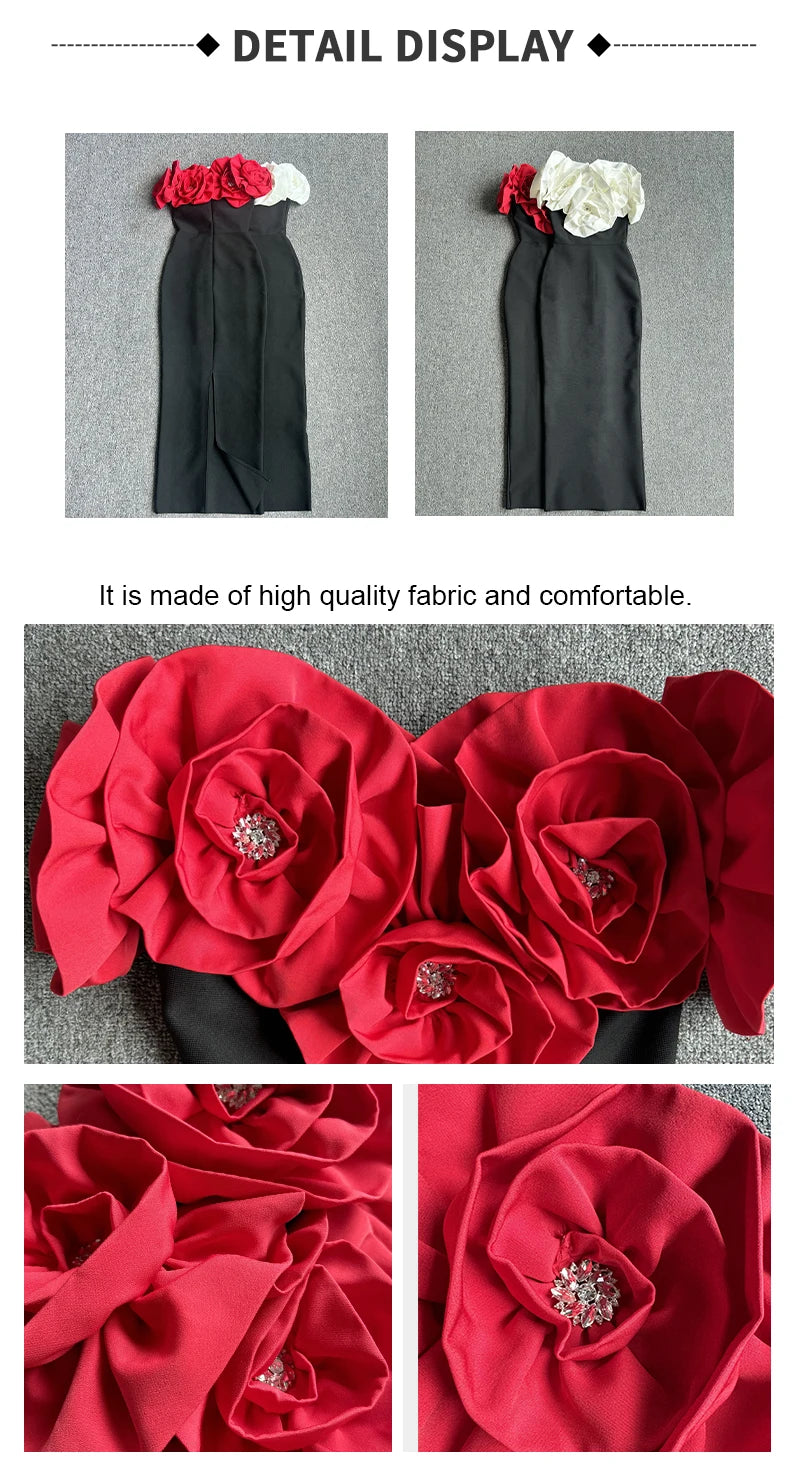 PB 2024 Elegant 3D Flowers Diamond Bra Bandage Maxi Dress Off Shoulder One Line Neck Sleeveless Women Celebrity Club Dress