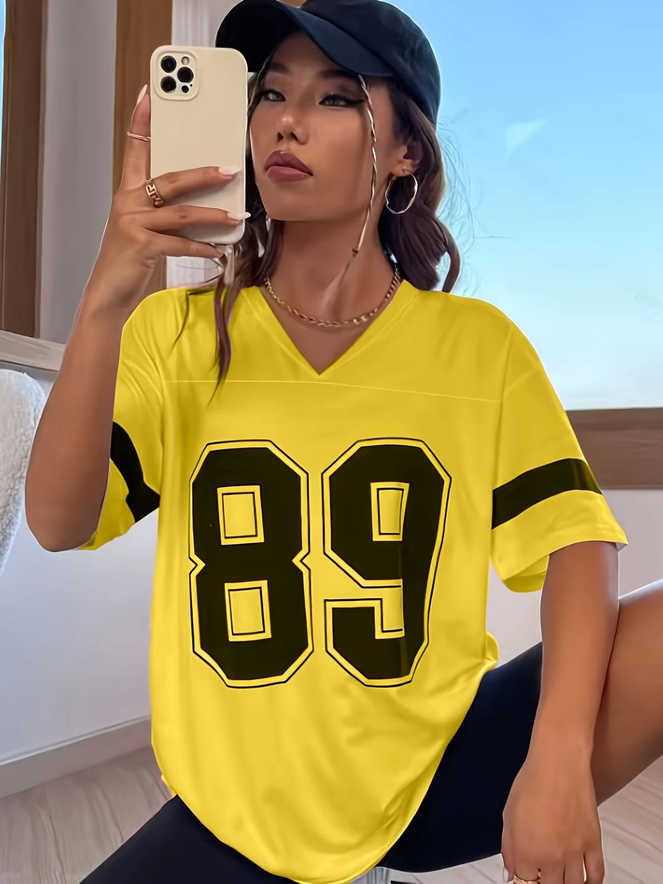 Women's V-Neck 89 Pattern T-Shirt With Stripes Casual Short-Sleeved Top Suitable For Summer Loose And Quick-Drying Sporty Style