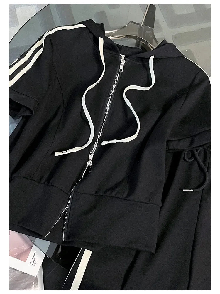 Korean Style Women's Sportswear Summer 2024 Trendy Age-Reducing Slimming Elegant Short Sleeves Hooded Top 2-Piece Set