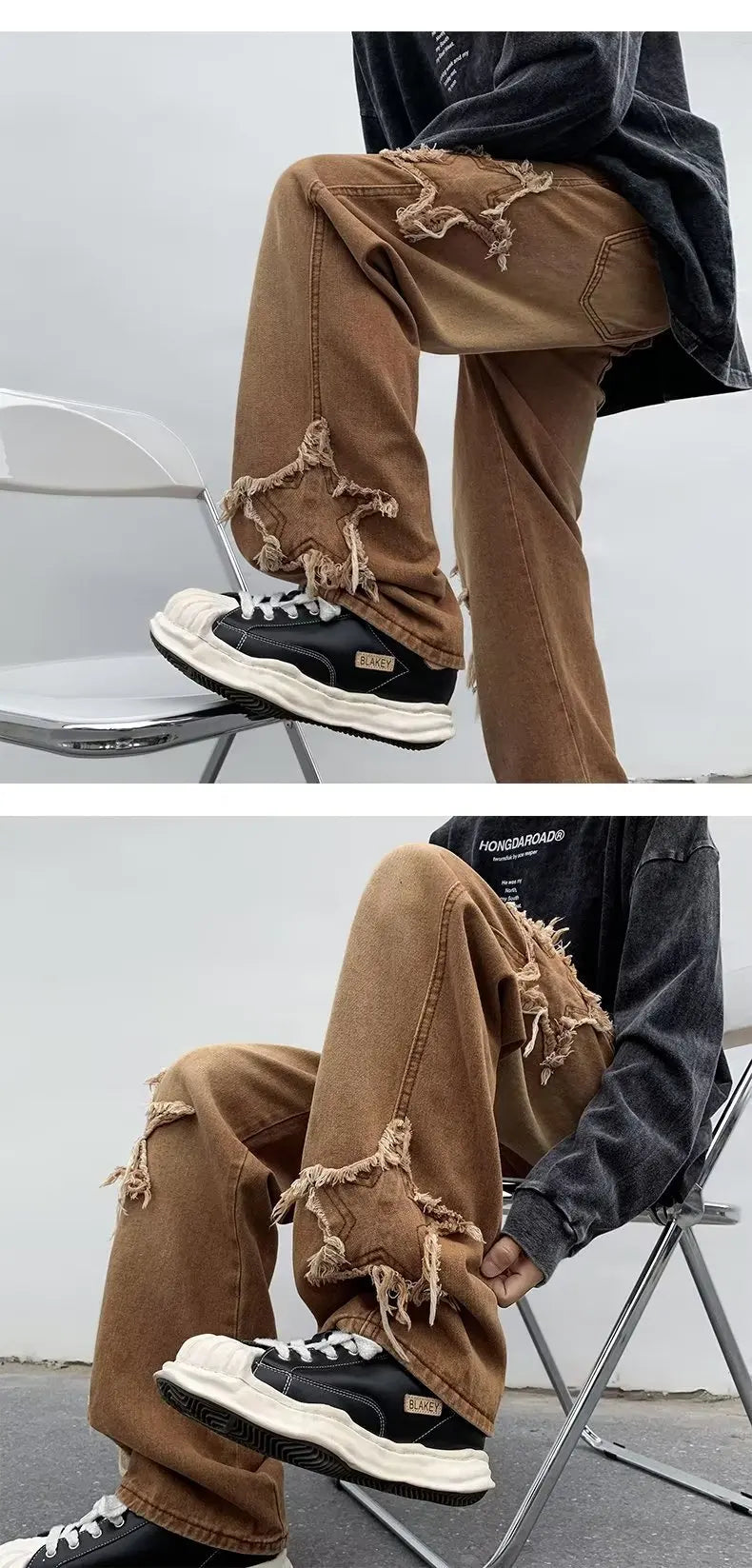 2025 New Fashion Stars Towel Embroidery Brown Men Jeans Pants Y2K Clothes Straight Hip Hop Cotton Trousers Pantalon Homme
