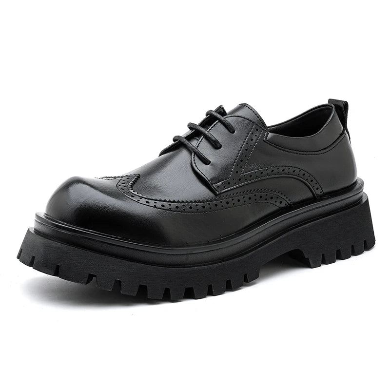 British Style Men's Block Shoes Thick Soled Durable for Office Interviews Formal Shoes Retro Brown Men's Shiny Leather Shoes
