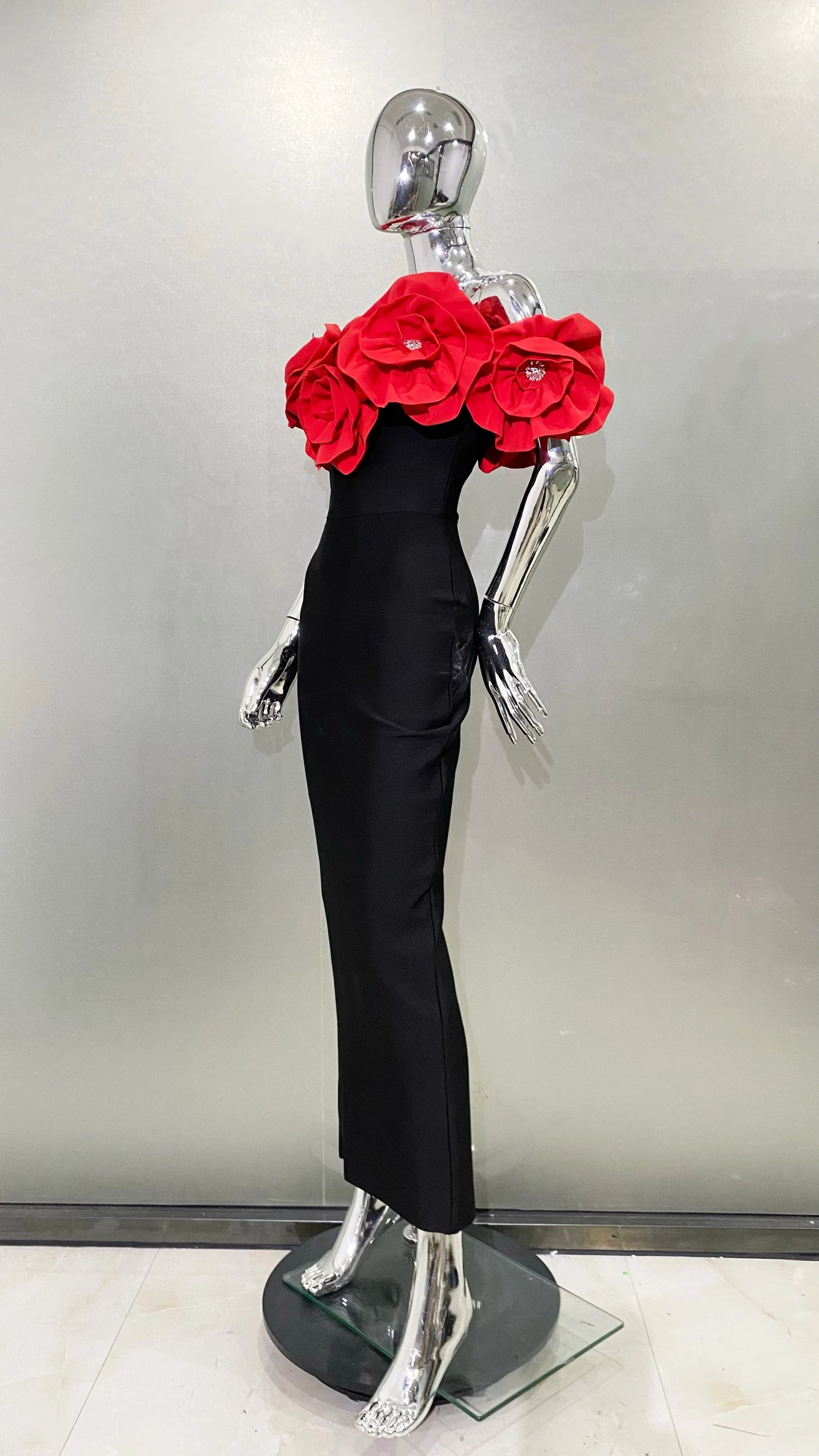 3 Colors Stereoscopic Flowers Sexy Off The Shoulder Ankle Lenght Bandage Dress Woman Birthday Party Vestido Wedding Party Outfit