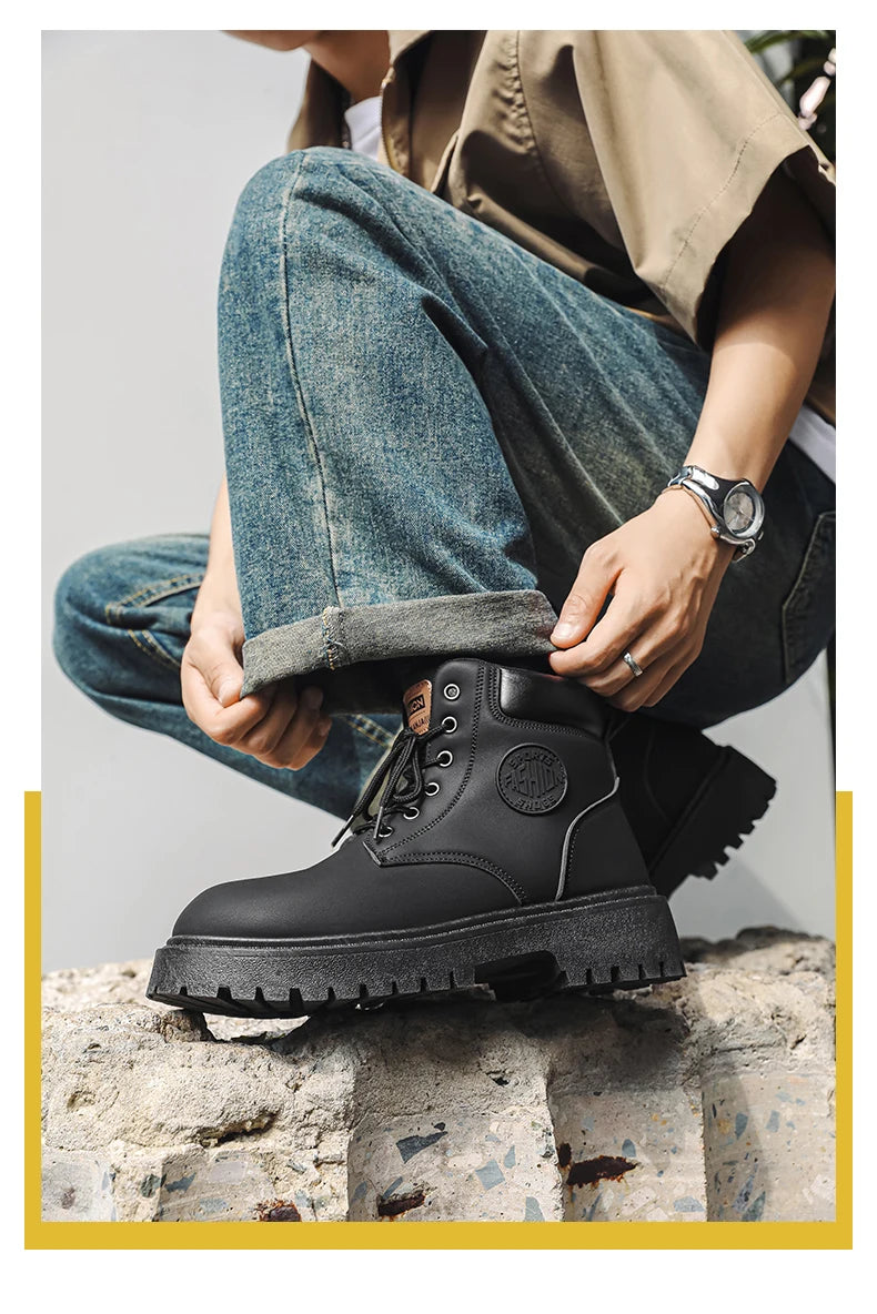 Men's High Top Boots Four Season Outdoor Work Shoes Anti Slip And Comfortable Yellow Boots Fashion British Casual Leather Boots