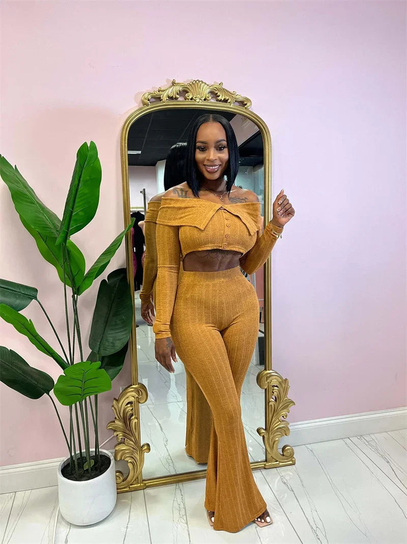 Sexy Knitted Two Piece Set for Women Birthday Outfits Off Shoulder Slash Neck Crop Top and Flare Pants Set Conjuntos Femininos