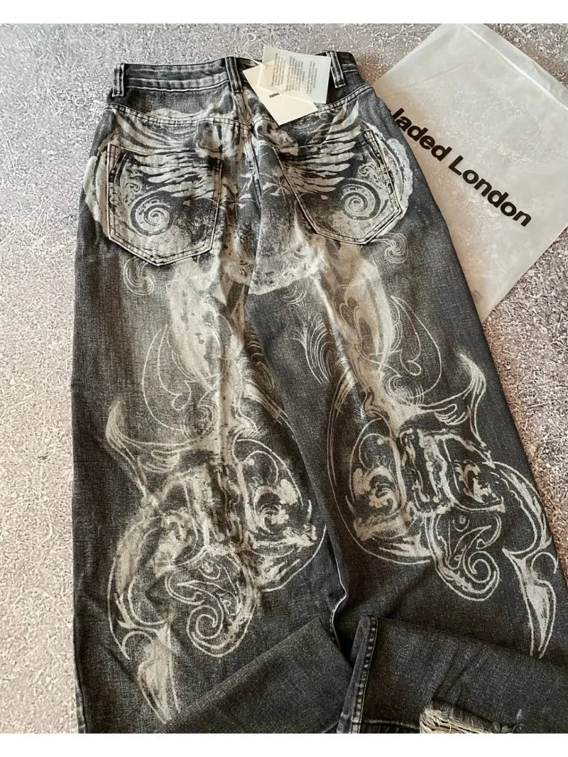 Y2K American New Hole Oversized Printing Washed Old Casual Jeans Men Punk Fashion Vintage Hip Hop High Waist Wide Leg Pants