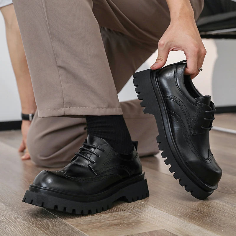 British Style Men's Block Shoes Thick Soled Durable for Office Interviews Formal Shoes Retro Brown Men's Shiny Leather Shoes