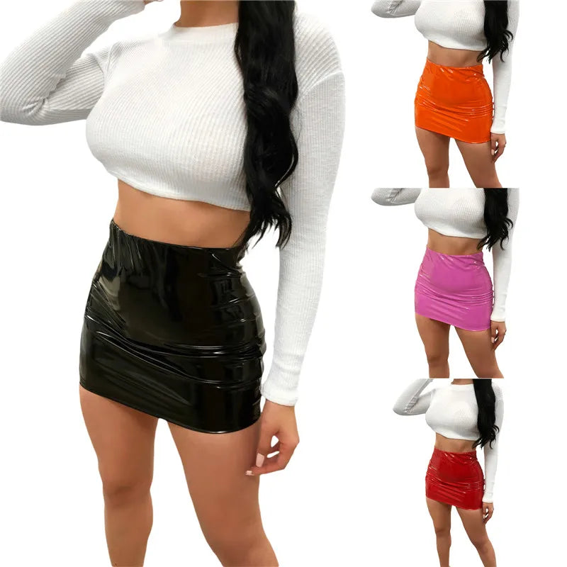 Women High Waist Pu Leather Skirts Solid Black Red Orange Sexy Pencil Mini Skirts