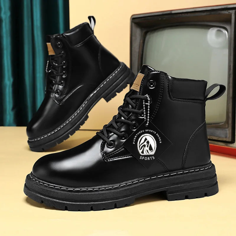 High Top Boots Men's Leather Shoes Fashion Motorcycle Men's Ankle Boots Winter Boot Lace Up Botas Hombre Cowboy Boots