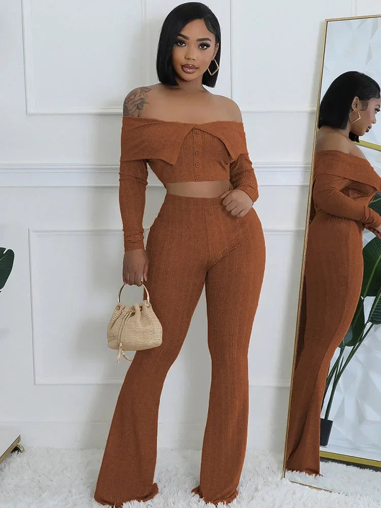Sexy Knitted Two Piece Set for Women Birthday Outfits Off Shoulder Slash Neck Crop Top and Flare Pants Set Conjuntos Femininos