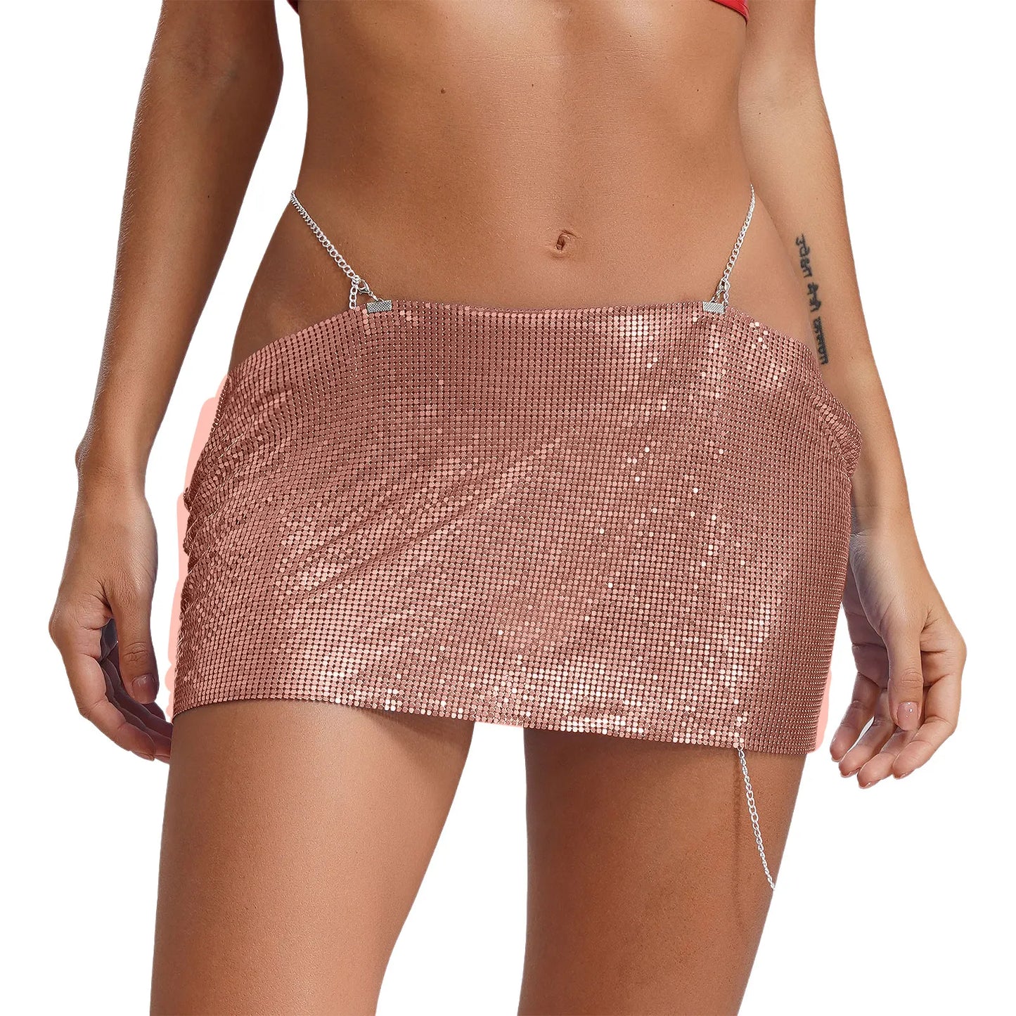 Women Sparkly Sequins Mini Skirt Low Waist Metal Chains Waistband Glitter Skirts Sexy Miniskirt Nightclub Rave Party Clubwear