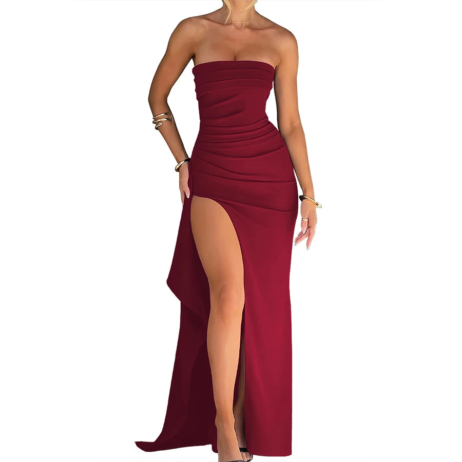 Summer Sexy Tube Top High Slit Backless Dress Ruffled Off-Shoulder Sleeveless Slim Elegant Elegant High-End Club Party Long Skirt Evening Dress Wedding Dress