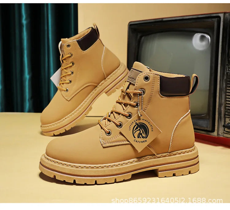 Men's Boots Lace Up 2024 Winter New High Top Leisure All-match Men's Casual Boots Non-slip Trend Rubber Men Flat Boots