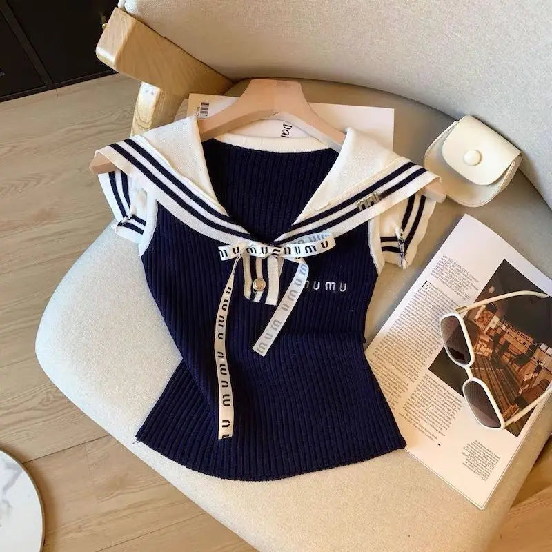 Summer Letter Embroidered Knitting Tank Top Women Clothes Preppy Style Lacing Patchwork Sailor Collar Sleeveless Pullovers Tops