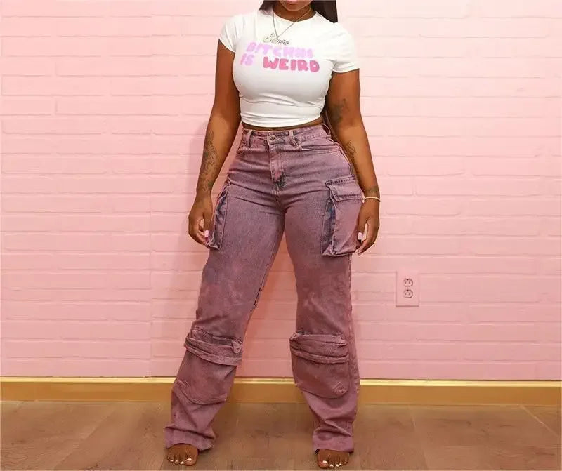 High Waist Tie Dye Denim Pants Women's Workwear Style Loose Fit Multi Pocket Trendy Street Fashion Long Trousers