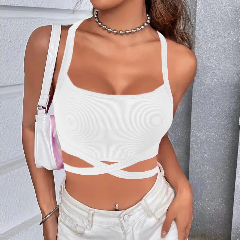 Summer Crop Tops Womens Sleeveless Sexy Bandage T Shirt Top Fashion Red Lace Up Backless Tank Top Tumblr Ladies Vest Y2K Clothes
