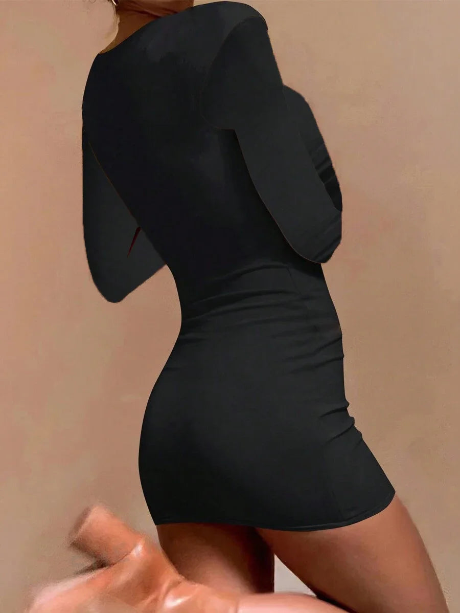 Women's Sexy Square Neck Bodycon Dress Long Sleeve Party Mini Dress Black Large