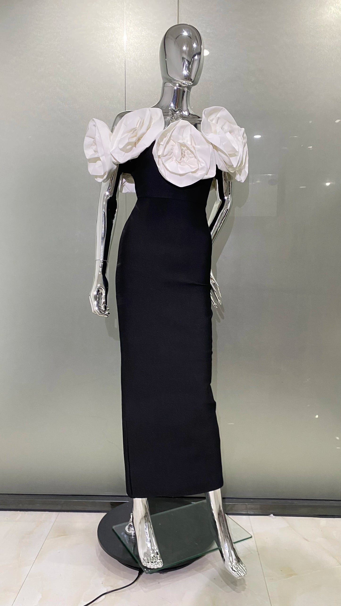 3 Colors Stereoscopic Flowers Sexy Off The Shoulder Ankle Lenght Bandage Dress Woman Birthday Party Vestido Wedding Party Outfit