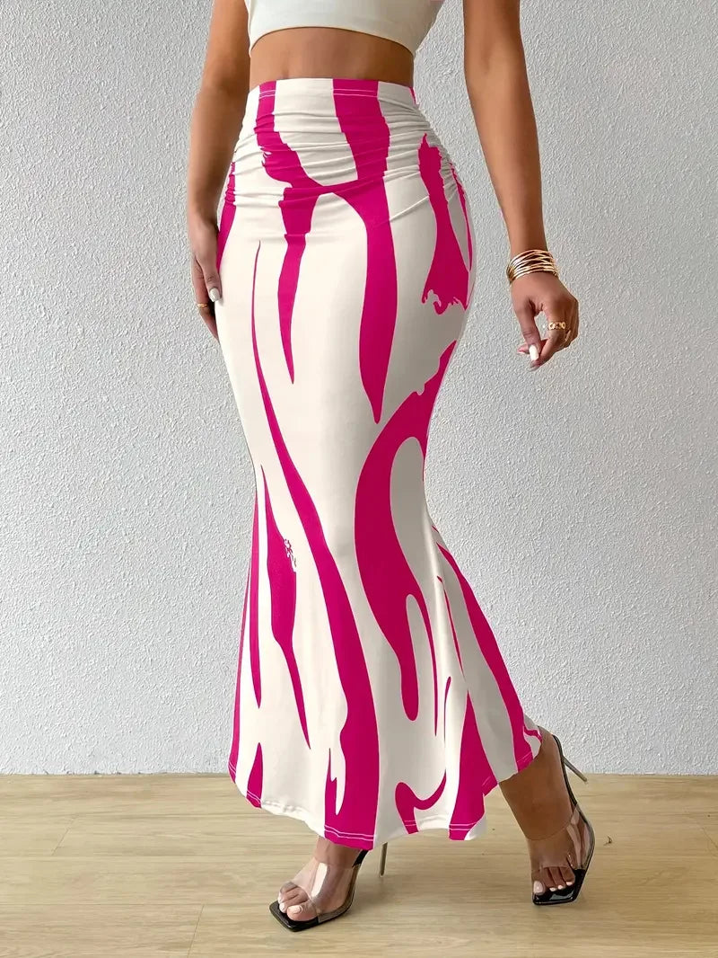 Long Skirts For Women Dressy Casual Graphic Zebra Print Pleated Skirts Spring New Fashion Elastic High Waist Geometry Streetwear