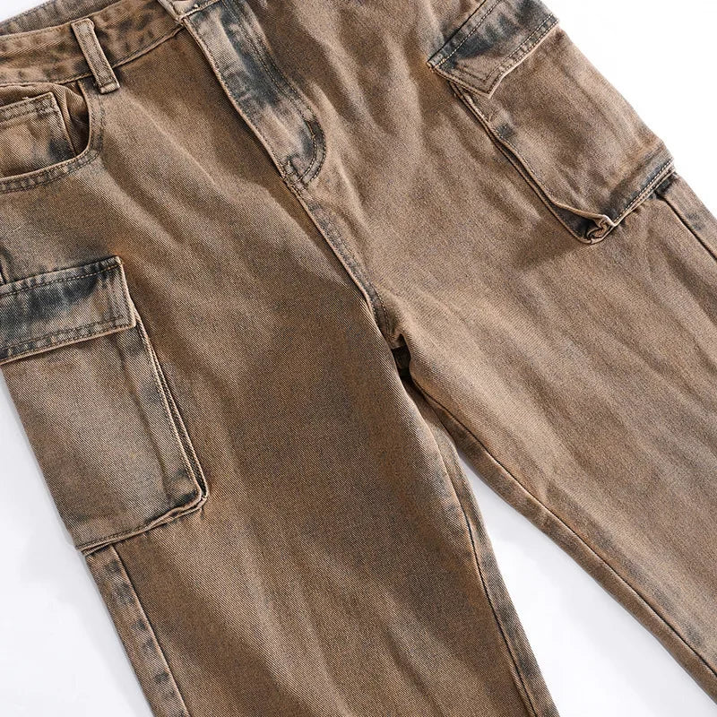 High Waist Tie Dye Denim Pants Women's Workwear Style Loose Fit Multi Pocket Trendy Street Fashion Long Trousers