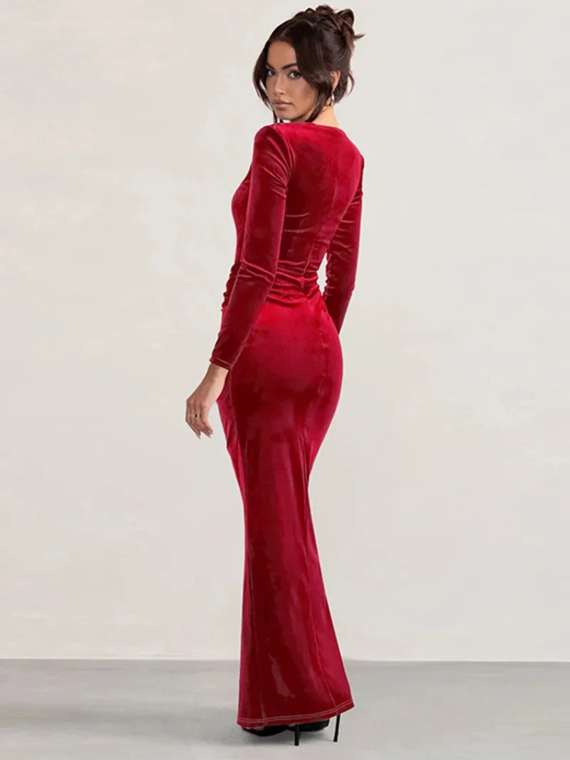 Trendix Velvet Elegant Evening Dress For Women Square Collar Long Sleeve Sexy Maxi Dresses Party Solid Slim Side Slit Dress 2025