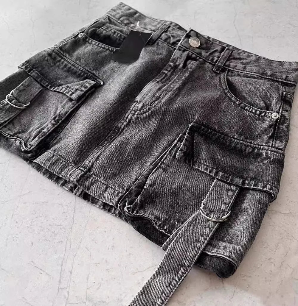 Euphoria Women Vintage Y2K Style High Street Pockets Sexy Skirts 2025 Spring Casual High Waist Vintage Hotsweet Mini Denim Skirt