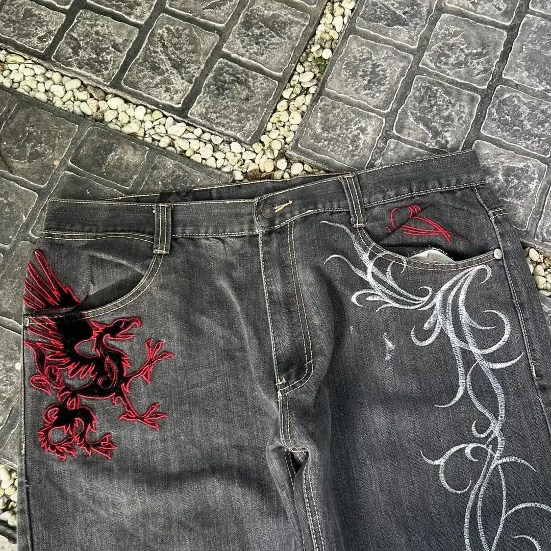 Streetwear Y2K Gothic Denim Trousers Harajuku Punk Dinosaur Embroidery Washed Jeans Hip Hop Wide Leg Oversized Jeans Mens Womens