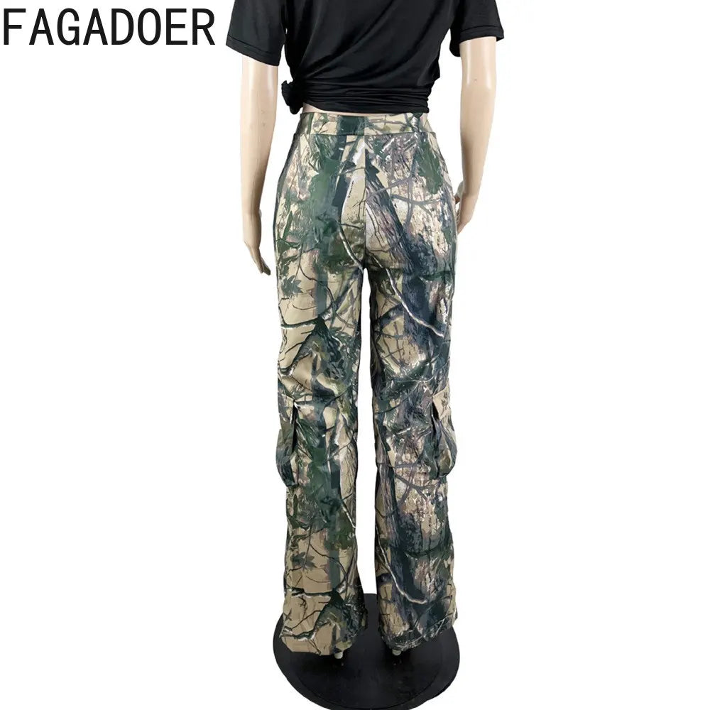 FAGADOER Casual Camouflage Cargo Pants Fashion Y2K Street Wide Leg Pants Women High Waisted Button Pocket Trousers Bottoms 2023