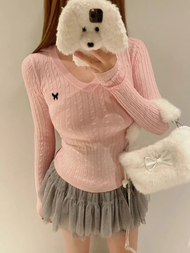 Casual V Neck White Pullovers Women Sweaters Autumn Winter Basic Long Sleeve Y2k Clothes Korean Pink Grey Ladies Tops Jumpers