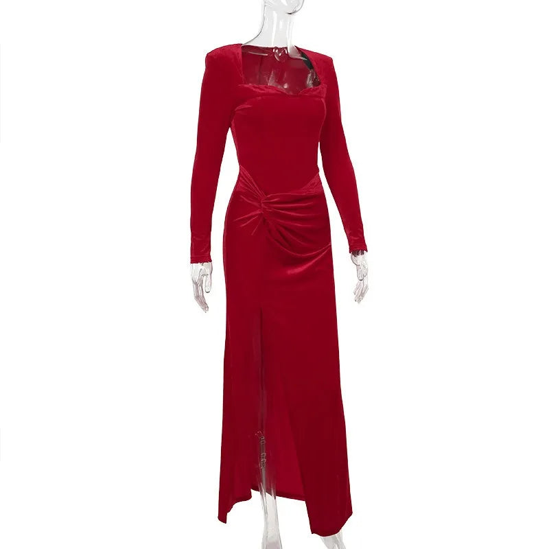 Trendix Velvet Elegant Evening Dress For Women Square Collar Long Sleeve Sexy Maxi Dresses Party Solid Slim Side Slit Dress 2025