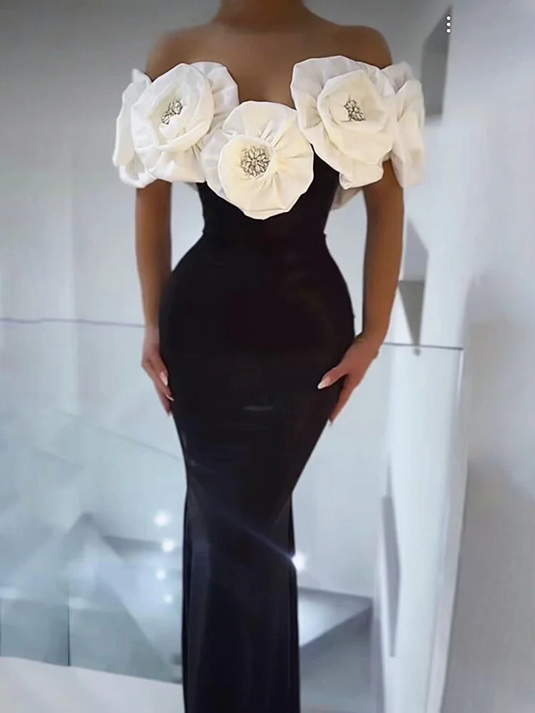 3 Colors Stereoscopic Flowers Sexy Off The Shoulder Ankle Lenght Bandage Dress Woman Birthday Party Vestido Wedding Party Outfit