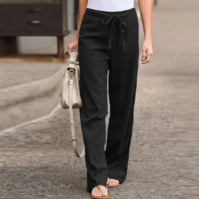 Women Casual Long Pants Print Lace Up Elastic Waist Pant Straight Spliced Pockets Lady Streetwear Elegant Lady Summer 2025