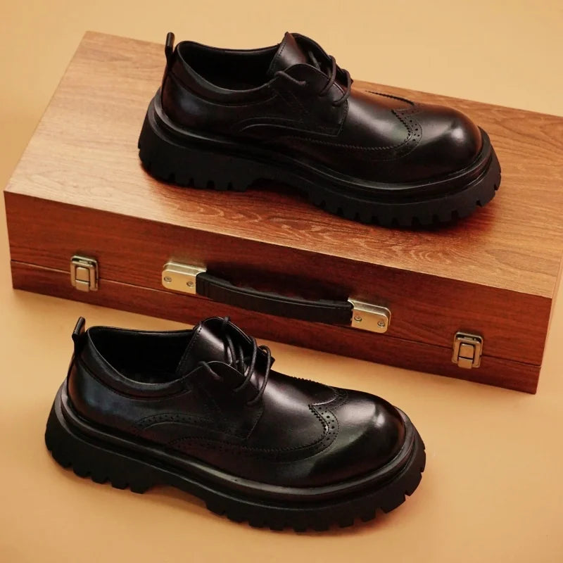 British Style Men's Block Shoes Thick Soled Durable for Office Interviews Formal Shoes Retro Brown Men's Shiny Leather Shoes