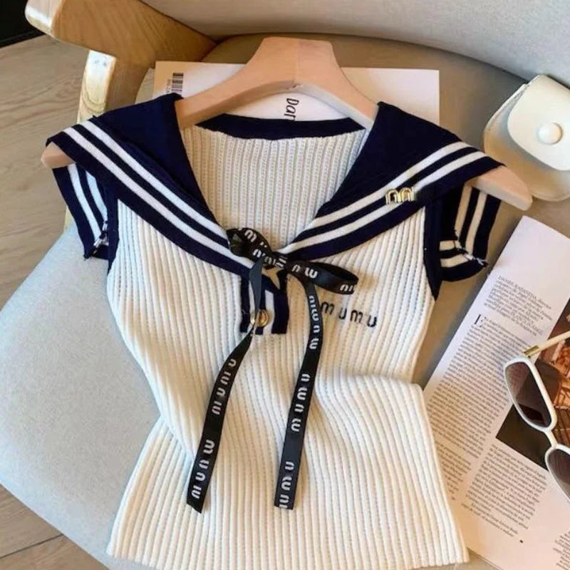 Summer Letter Embroidered Knitting Tank Top Women Clothes Preppy Style Lacing Patchwork Sailor Collar Sleeveless Pullovers Tops