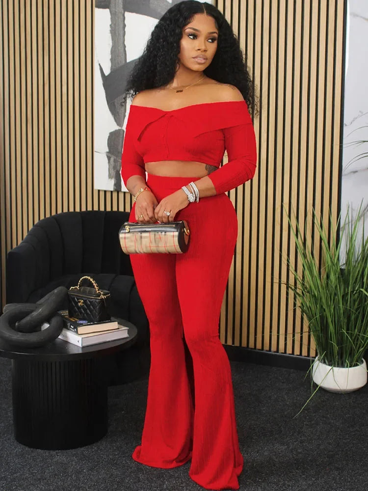 Sexy Knitted Two Piece Set for Women Birthday Outfits Off Shoulder Slash Neck Crop Top and Flare Pants Set Conjuntos Femininos