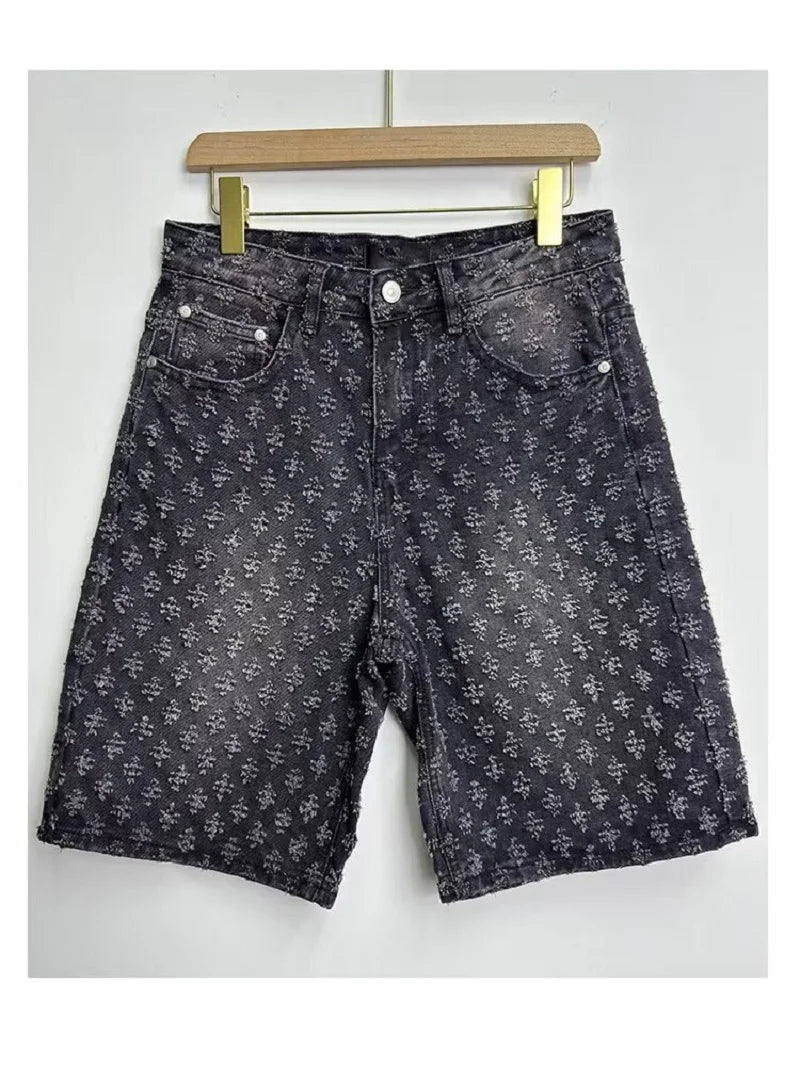 Fashion Casual Summer Light Blue Distressed Men Denim Shorts Smart Straight Leg Loosen Male High Street Niche Design Tide Shorts