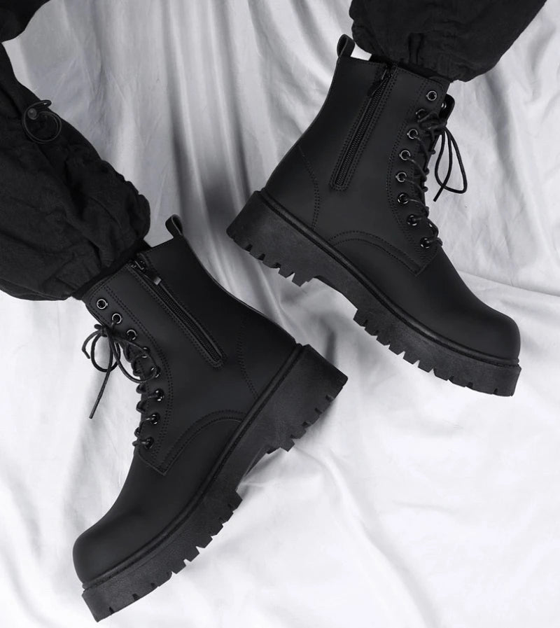 Men's Boots High Top Leather Boots British Style Black Ankle Boots Platform Lace Up Motorcycle Boot Couple Outdoor Casual Shoes