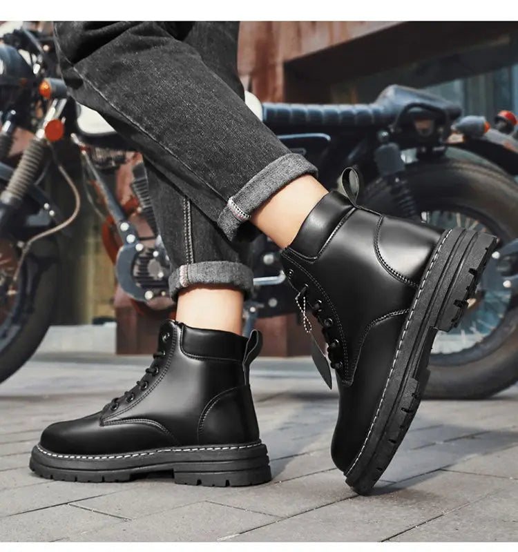 High Top Boots Men's Leather Shoes Fashion Motorcycle Men's Ankle Boots Winter Boot Lace Up Botas Hombre Cowboy Boots