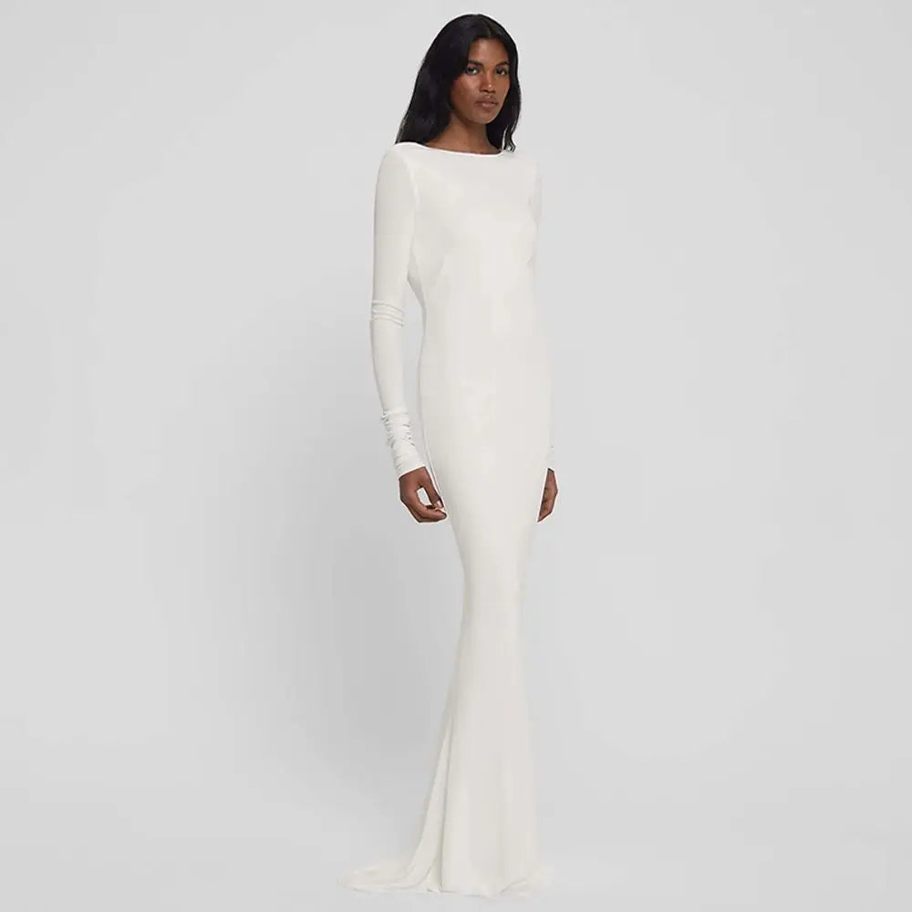 GACVGA Backless Long Sleeve Maxi Dress For Women 2024 Autumn Winter New High Waist White Ruched Sexy Bodycon Long Dress