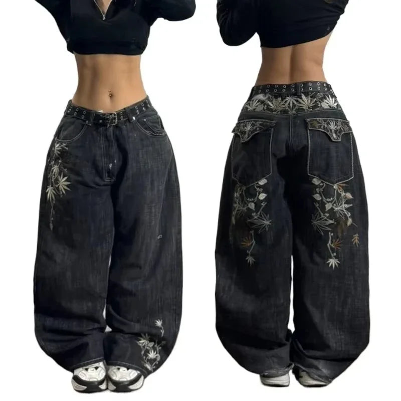 Y2K American New Hole Oversized Printing Washed Old Casual Jeans Men Punk Fashion Vintage Hip Hop High Waist Wide Leg Pants