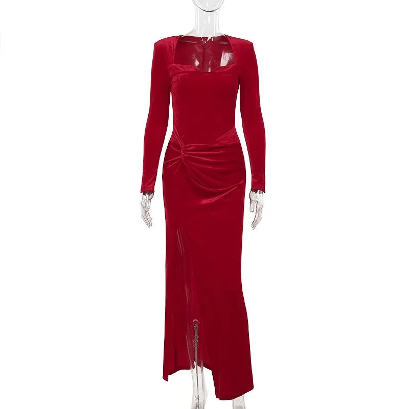 Trendix Velvet Elegant Evening Dress For Women Square Collar Long Sleeve Sexy Maxi Dresses Party Solid Slim Side Slit Dress 2025
