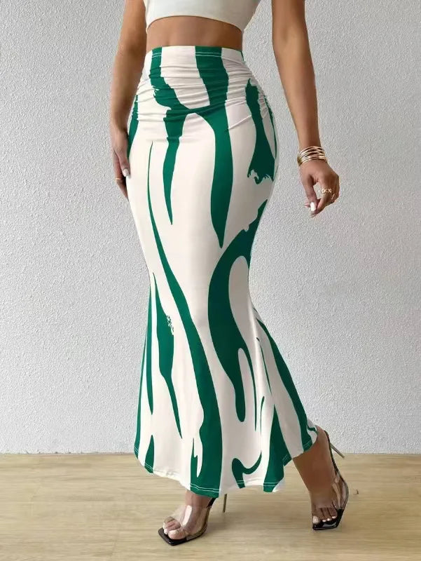 Long Skirts For Women Dressy Casual Graphic Zebra Print Pleated Skirts Spring New Fashion Elastic High Waist Geometry Streetwear