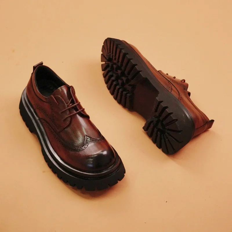 British Style Men's Block Shoes Thick Soled Durable for Office Interviews Formal Shoes Retro Brown Men's Shiny Leather Shoes