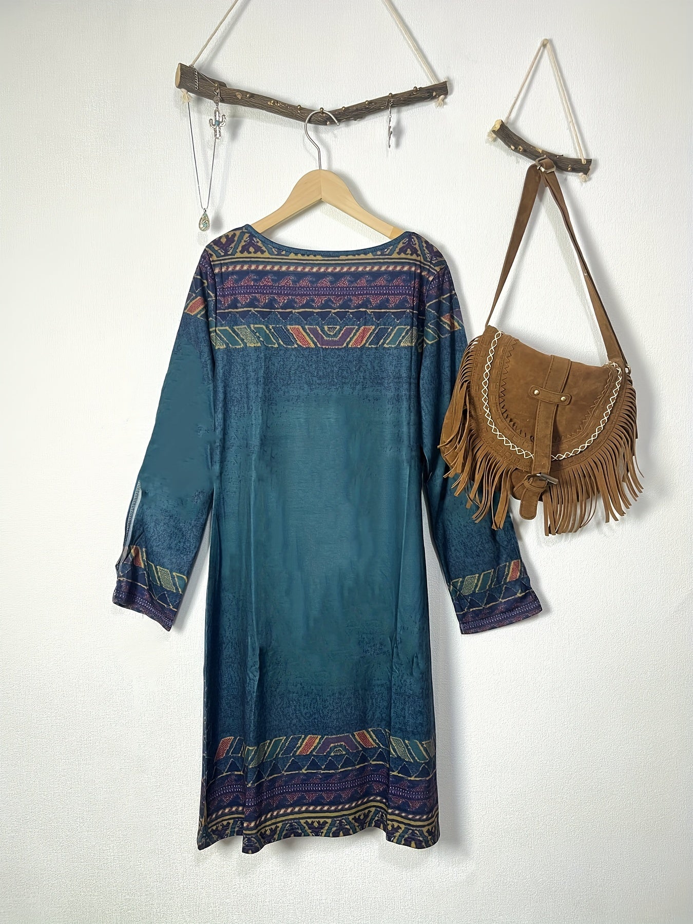 Aztec Print Ethnic Split Sleeve Dress, Boho Vintage V Neck Mini Dress, Women's Clothing