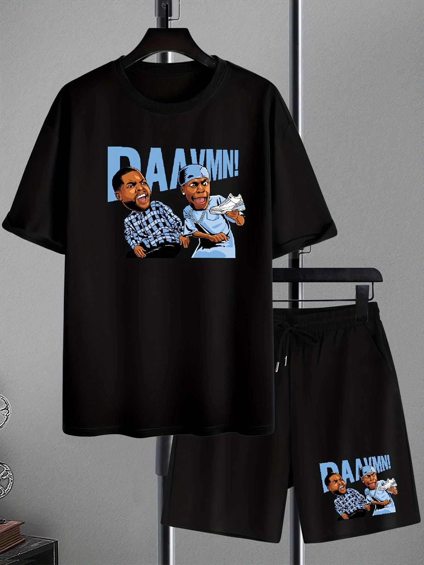 Men's Cartoon Letter Graphic Drop Shoulder Short Sleeve Crew Neck T-shirt & Drawstring Pockets Shorts Loungewear Set, Casual Fashion Skin-friendly And Comfortable Pajama Set, Plus Size