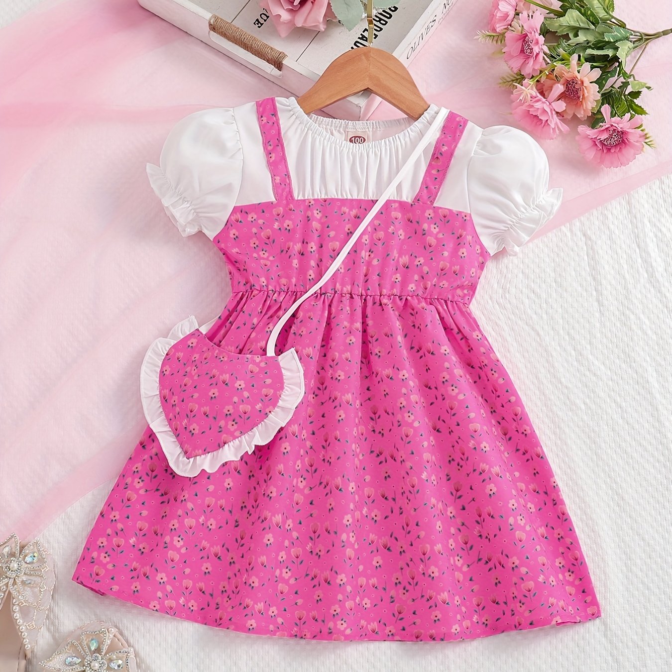 Toddler/ Kid Girls Cute Floral Dress Suit - Short Sleeve Patchwork A-line Dress + Pretty Heart Shaped Bag Set Kids Summer Clothes