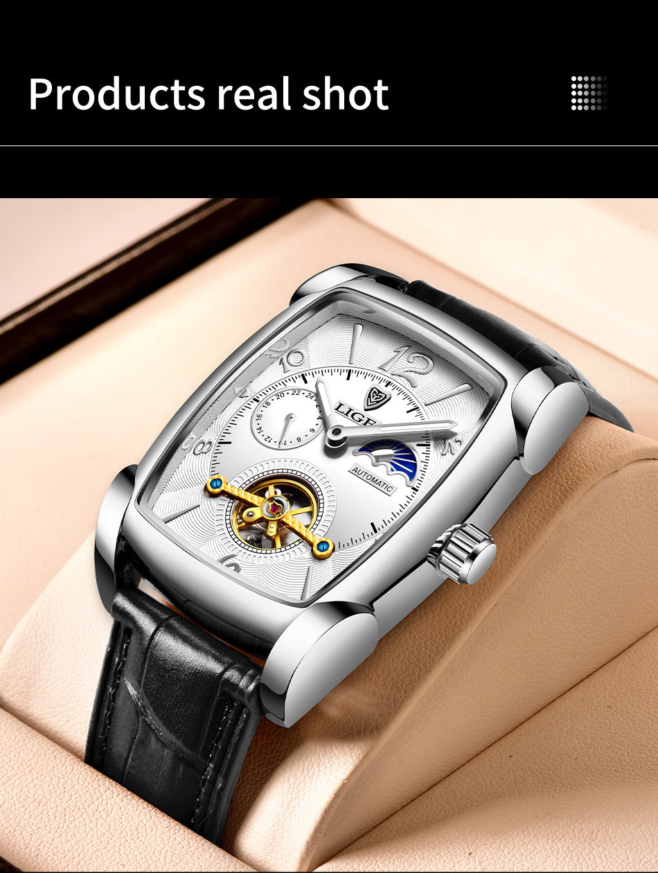 LIGE 2023 Vintage-Inspired Mechanical Men's Watch – Waterproof, Rectangular Leather Timepiece, Perfect Gift