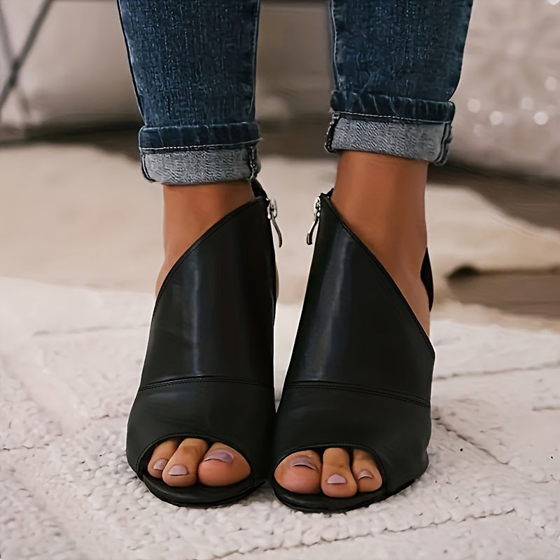 Chic Womens Cut-out Heel Sandals - Peep Toe, Side Zipper Closure, Stable Block Heel - Fashion-forward Stacked Look, Perfect for Stylish Outfits