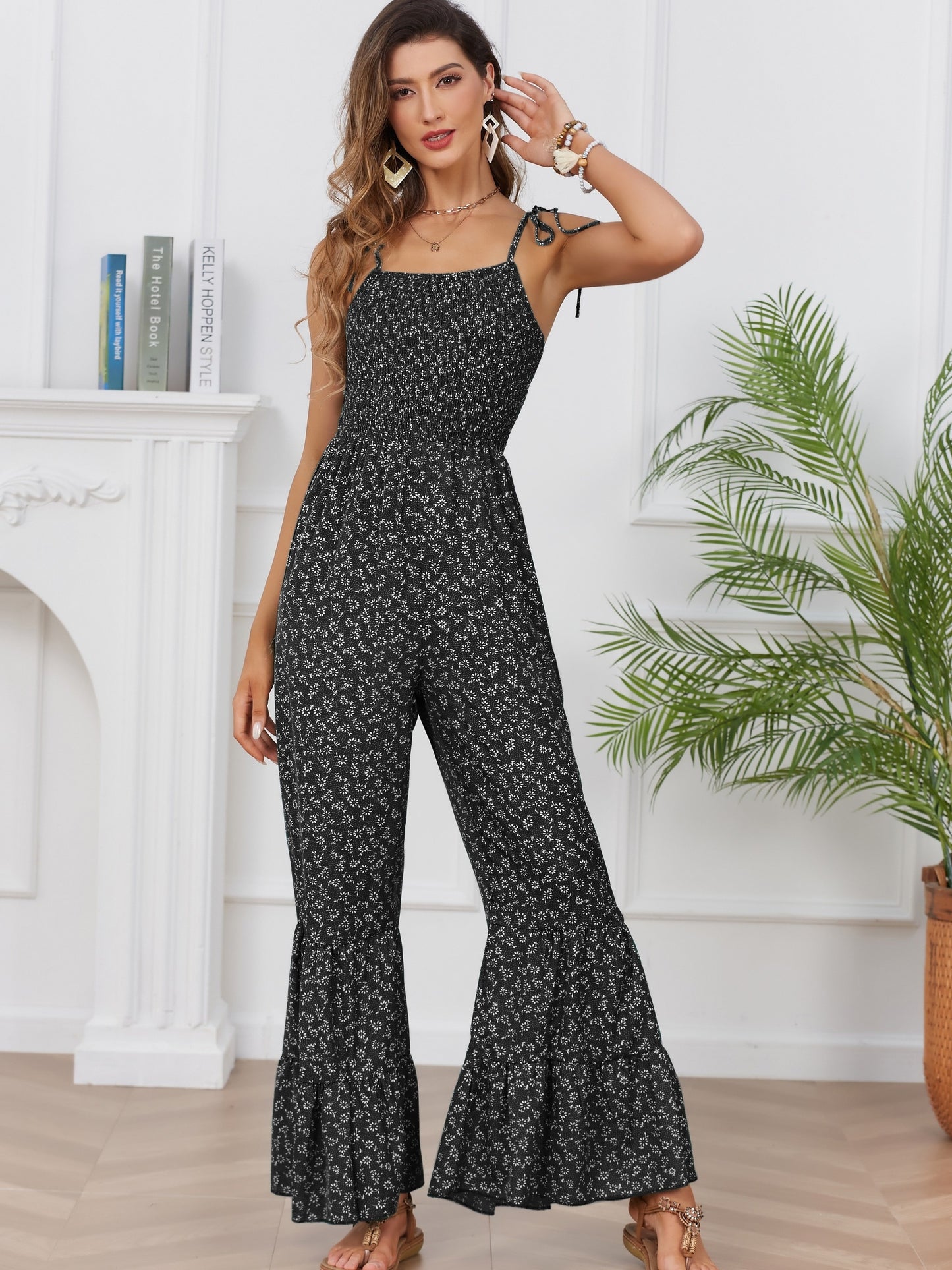 Bohemian Chic Ditsy Floral Print Jumpsuit - Lightweight & Breathable Sleeveless Spaghetti Strap Vacation Wear - Flared Leg Womens Casual Fashion