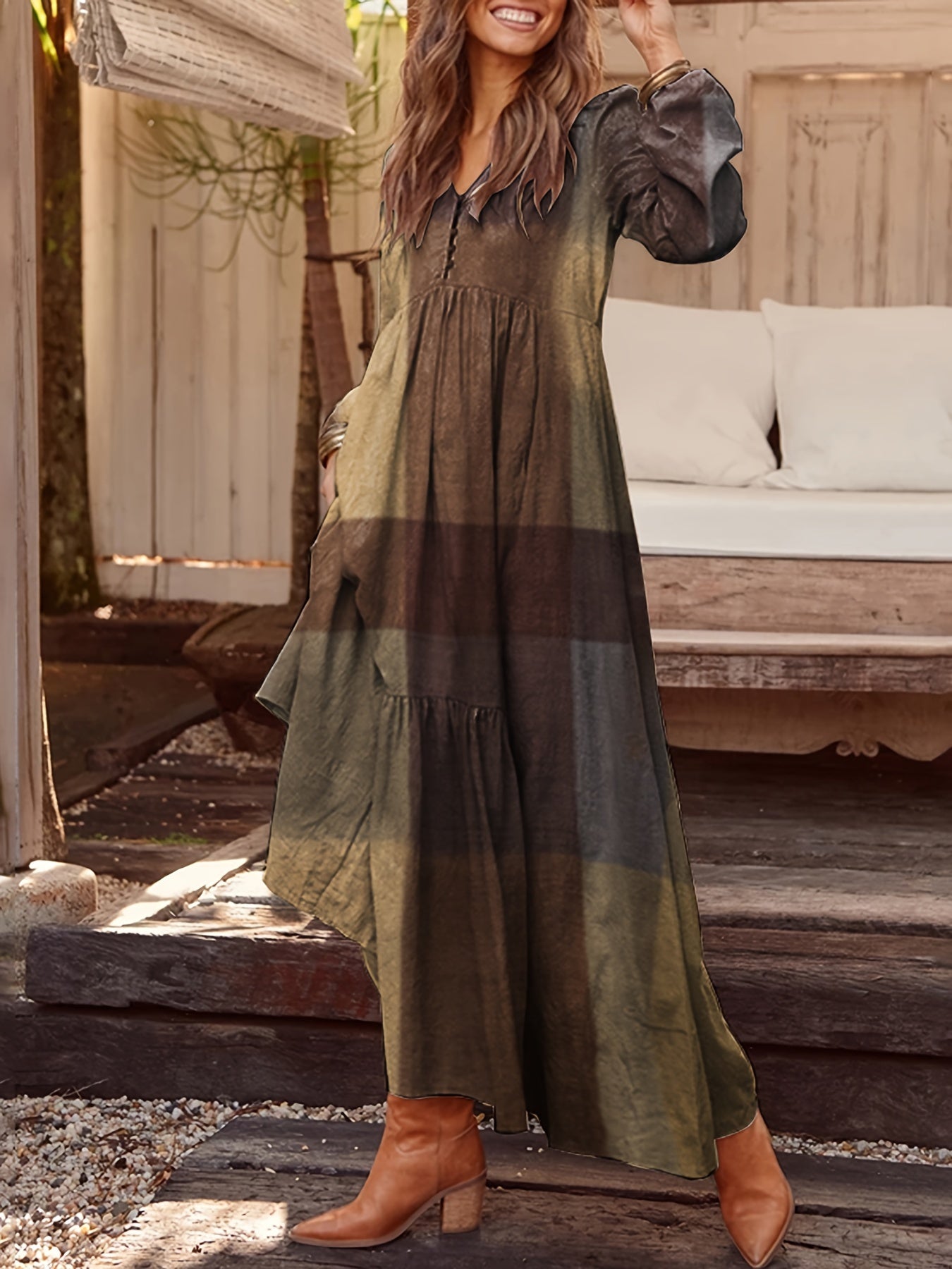 Patchwork Print Loose Dress, Boho V Neck Long Sleeve Dress, Women's Clothing