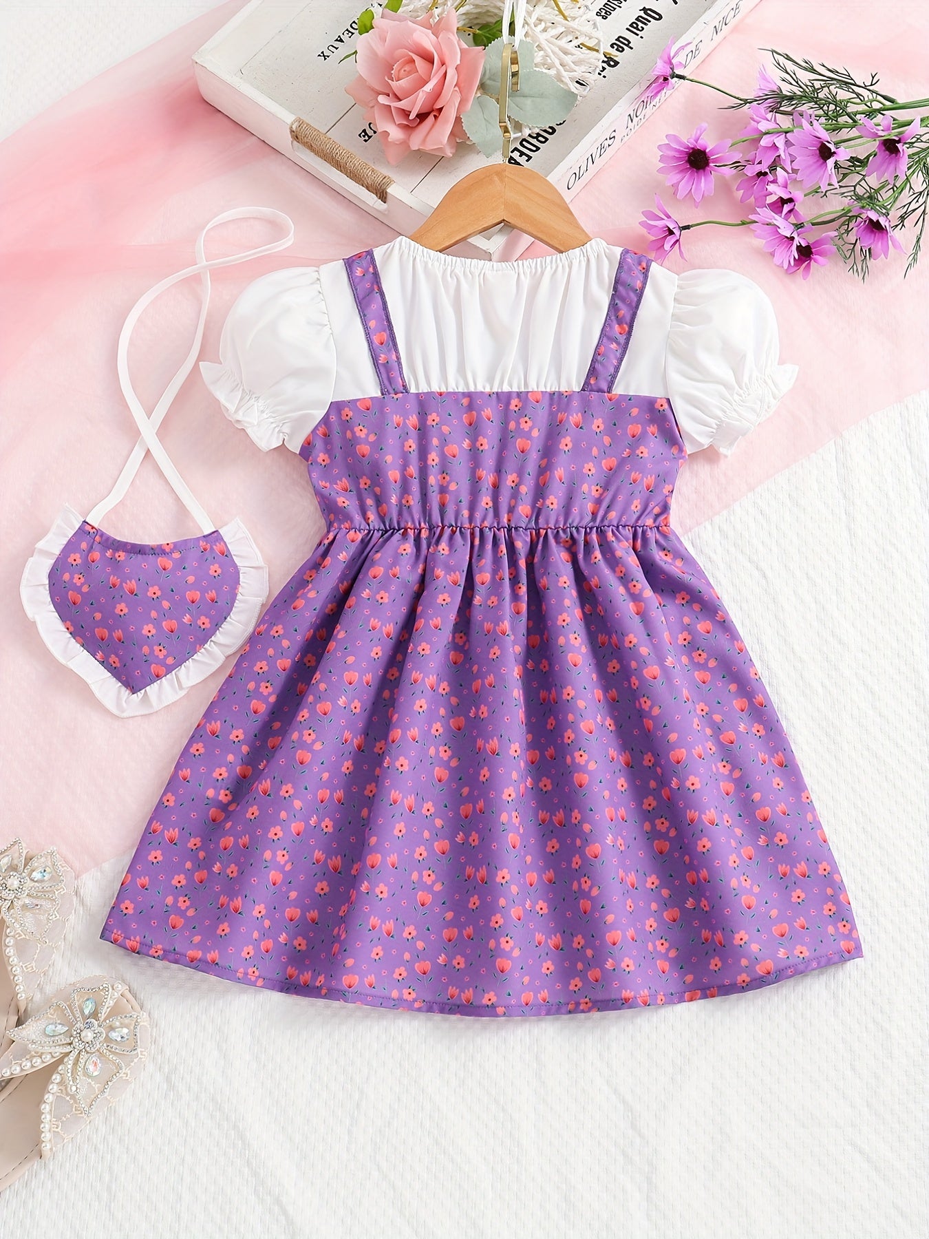 Toddler/ Kid Girls Cute Floral Dress Suit - Short Sleeve Patchwork A-line Dress + Pretty Heart Shaped Bag Set Kids Summer Clothes